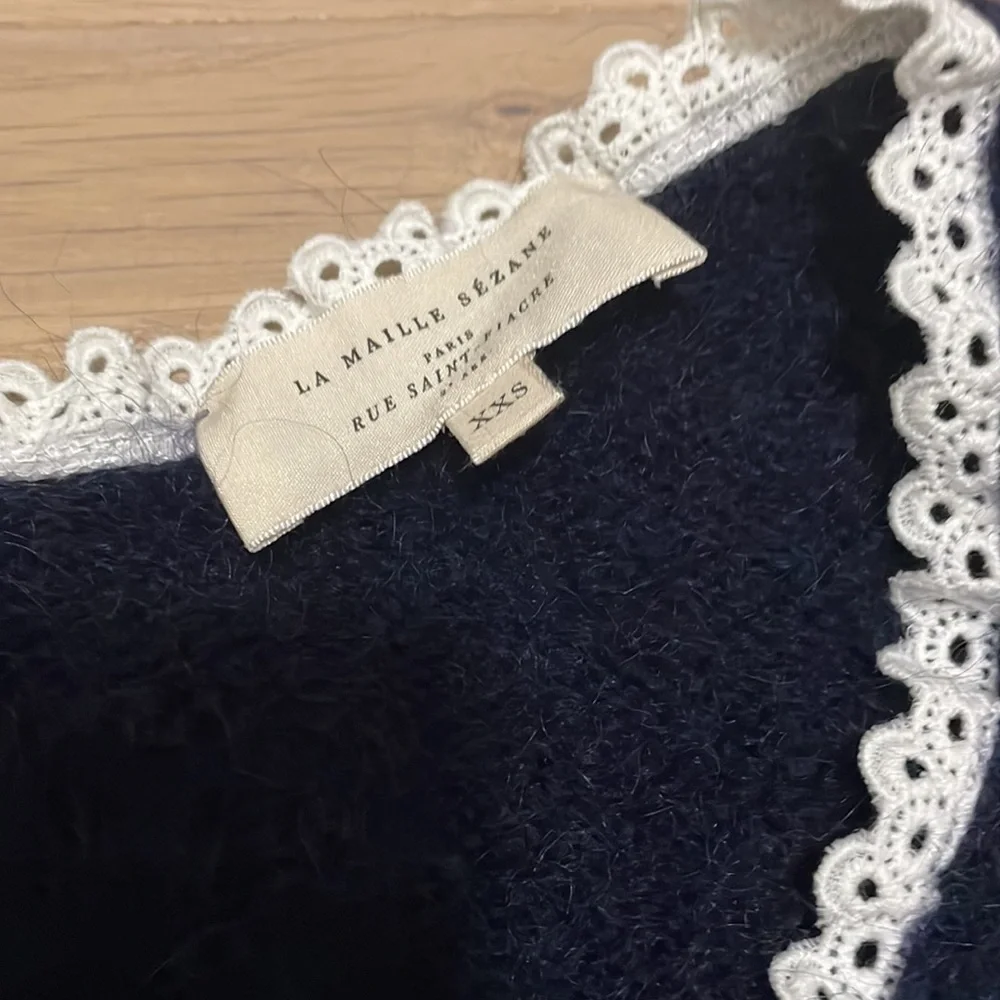 Sezane Navy and White Lace long Sleeve Sweater - Picture 3 of 8